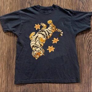 Black Gildan Cotton Vintage Graphic Tee with Tiger and Orange Flowers